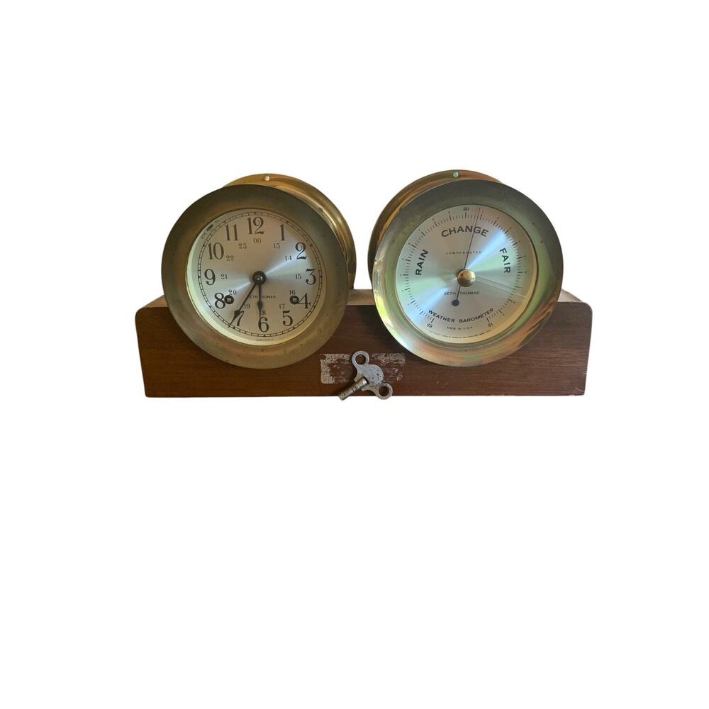 Seth Thomas Ship’s Bell Clock Corsair Model E537-006 & Barometer With Key